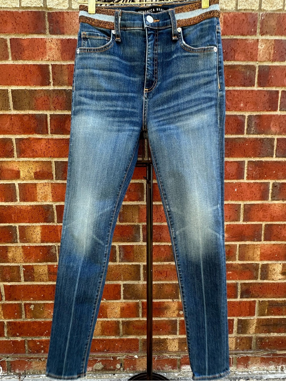 Veronica Beard Kate Skinny High Rise Jean Pencil Leg Denim Straight Metallic